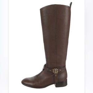 Tory Burch Brown Pebbled Leather Bristol Riding Boots